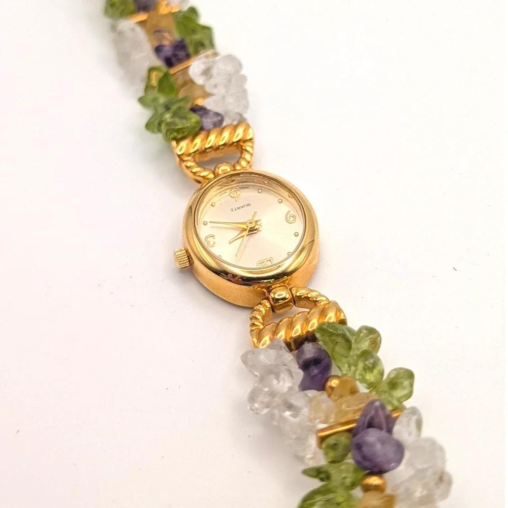 Quartz Crystal Mixed Gemstone Bracelet Watch Gold Tone Japanese Movement 7